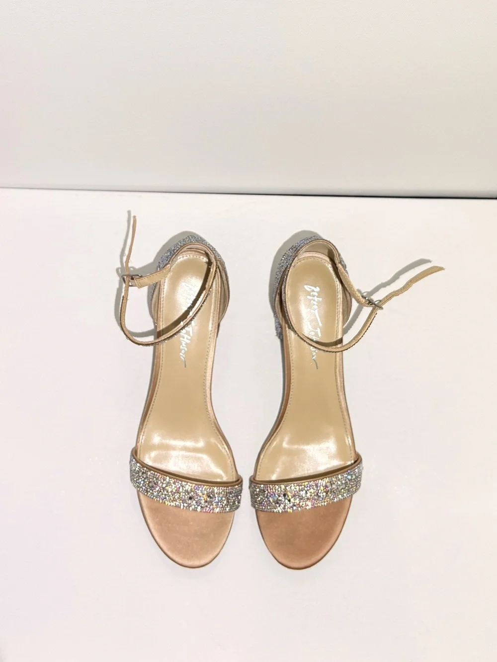 betsey johnson champagne rhinestone glitter ankle strap sandals size 9.5 women's